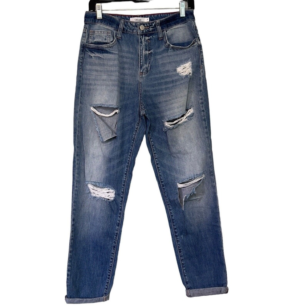 Cello Distressed Boyfriend Women's High Rise Jeans‎ Medium Wash 5 Pocket Size 7
